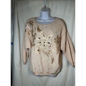 Vintage Rafael Peach Textured Sweatshirt Top L Embellished Rhinestone Floral